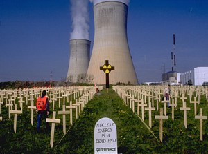Action at the nuclear power plant at Tihange on the 10th anniversary of the nuclear accident at Chernobyl in the Ukraine. Belgium.